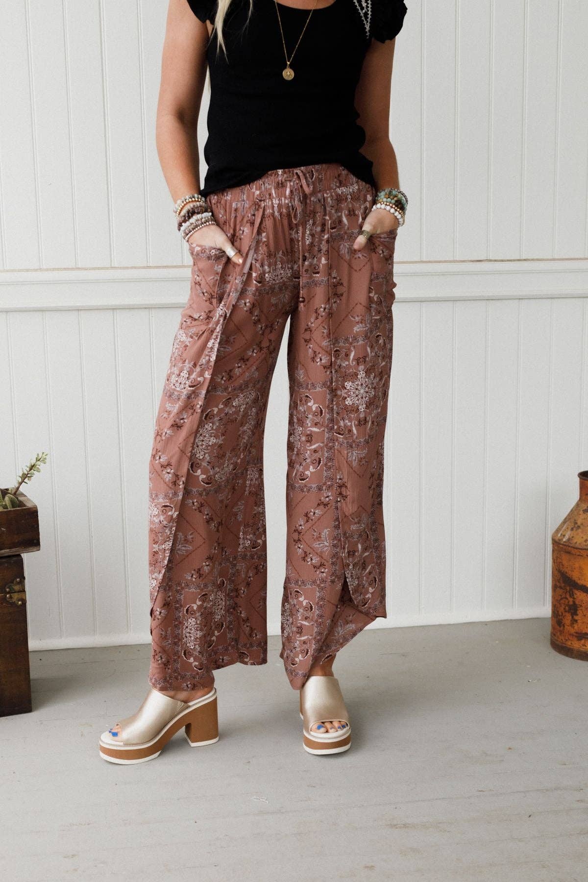 Stasia Printed Drawstring Tulip Pants - Rose Tribal