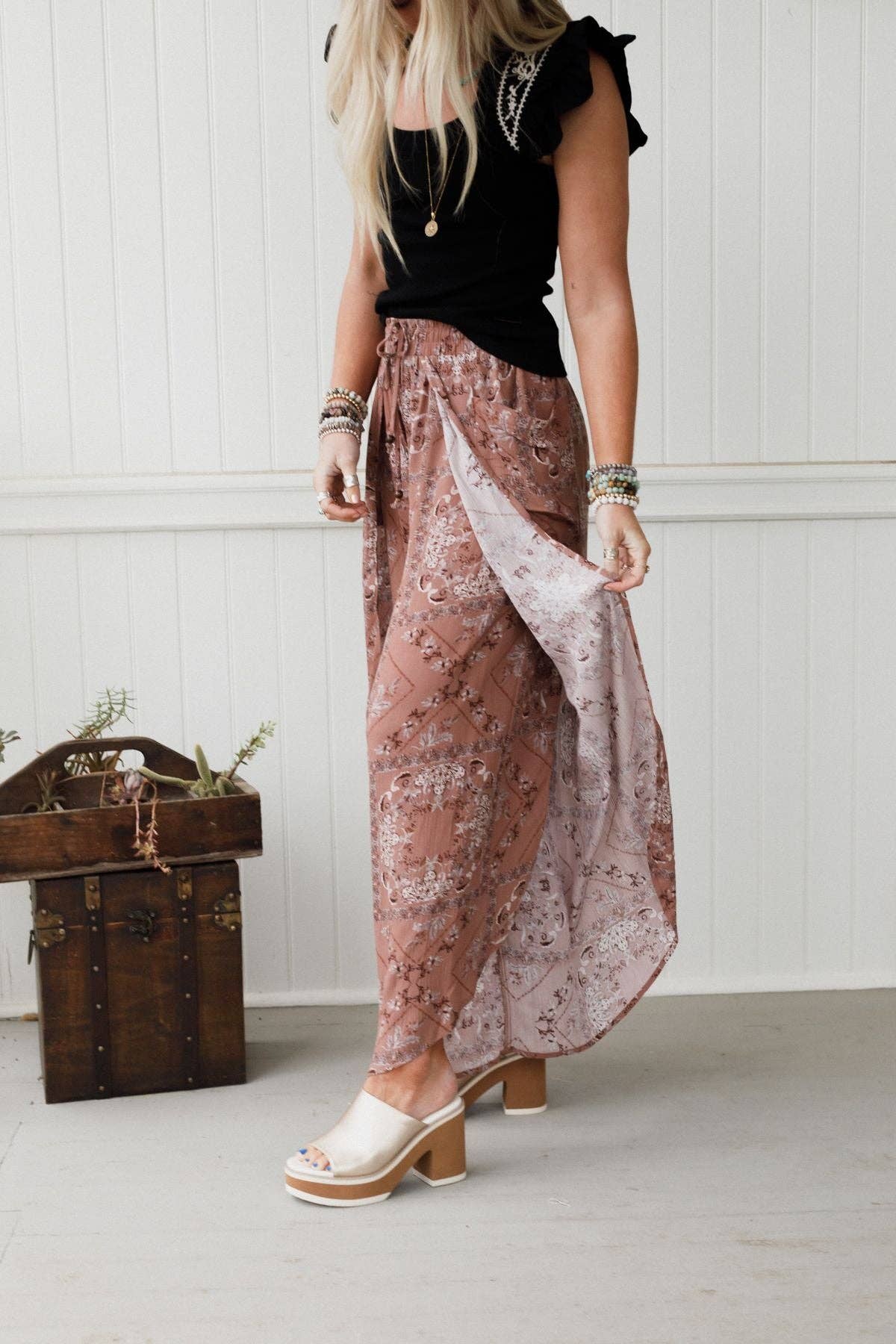 Stasia Printed Drawstring Tulip Pants - Rose Tribal