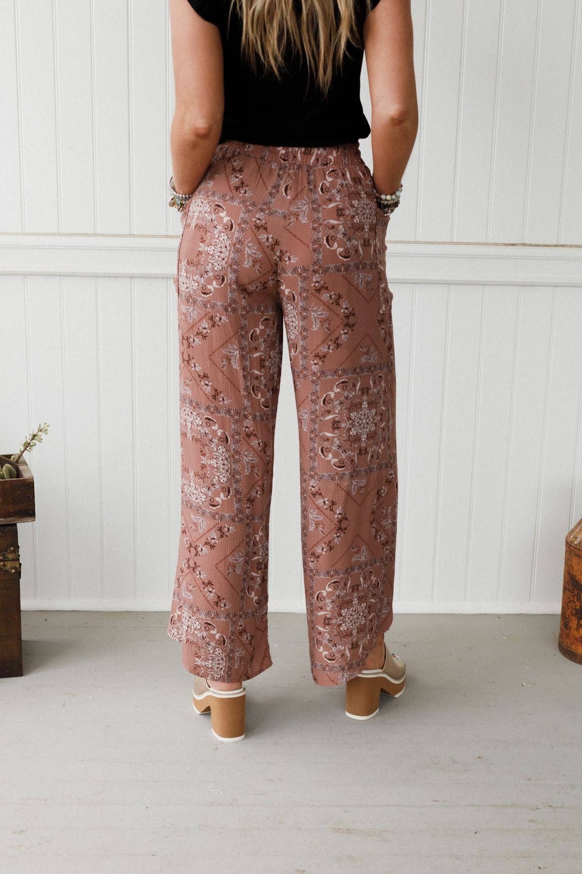Stasia Printed Drawstring Tulip Pants - Rose Tribal