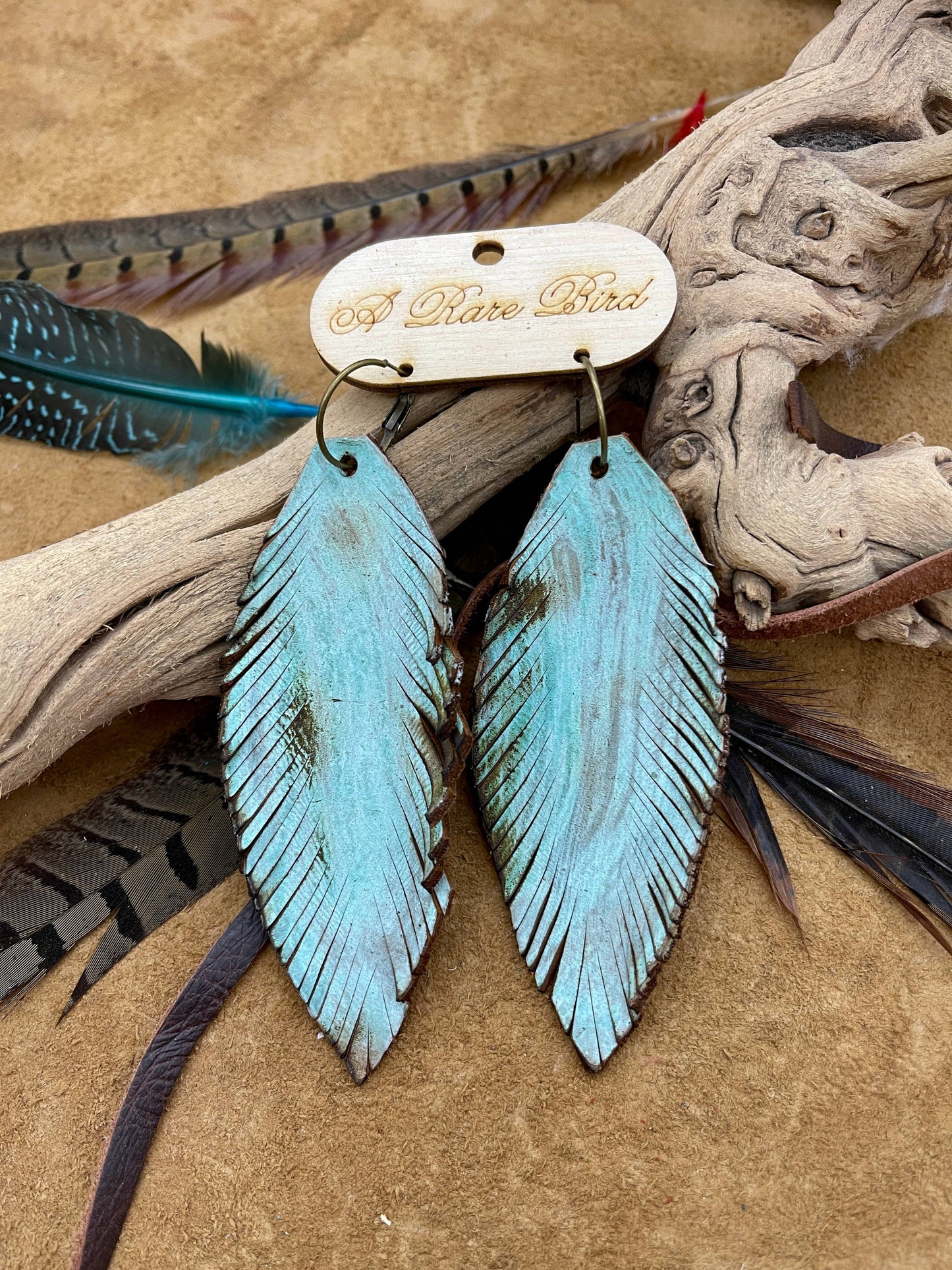 Hand-cut Patina Leather Feather Earrings