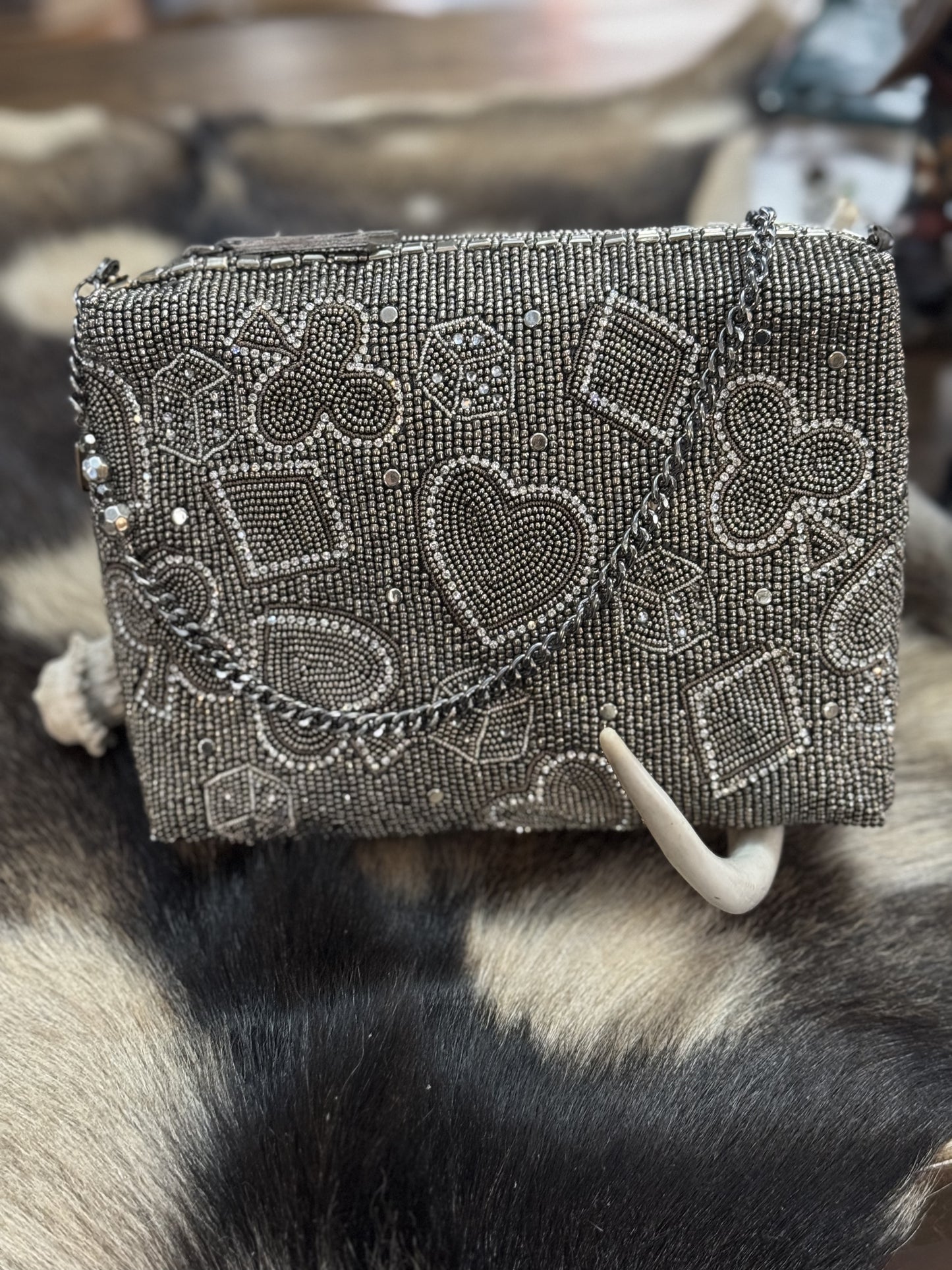 Well Suited Cards and Dice Black Beaded Crossbody Handbag