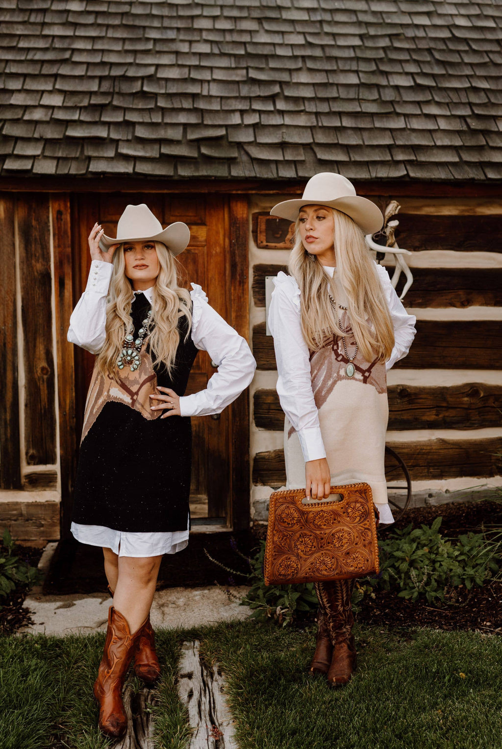 Horse Sweater Dress w/Faux White Ruffled Oxford Dress