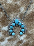 Navajo Handmade Sterling Silver Kingman Turquoise Stamped Naja Bar Necklace 18”