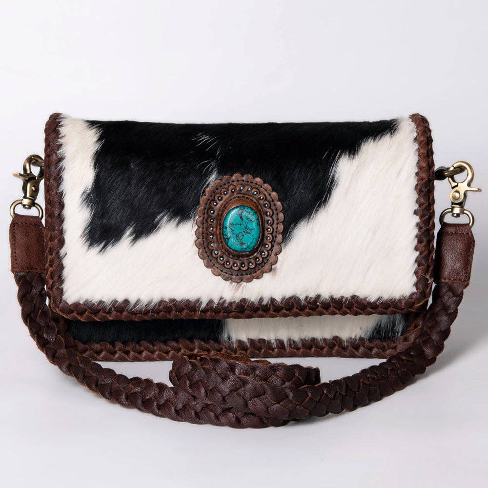 Cowhide Turquoise Concho Wallet - Braided Leather Western Bag