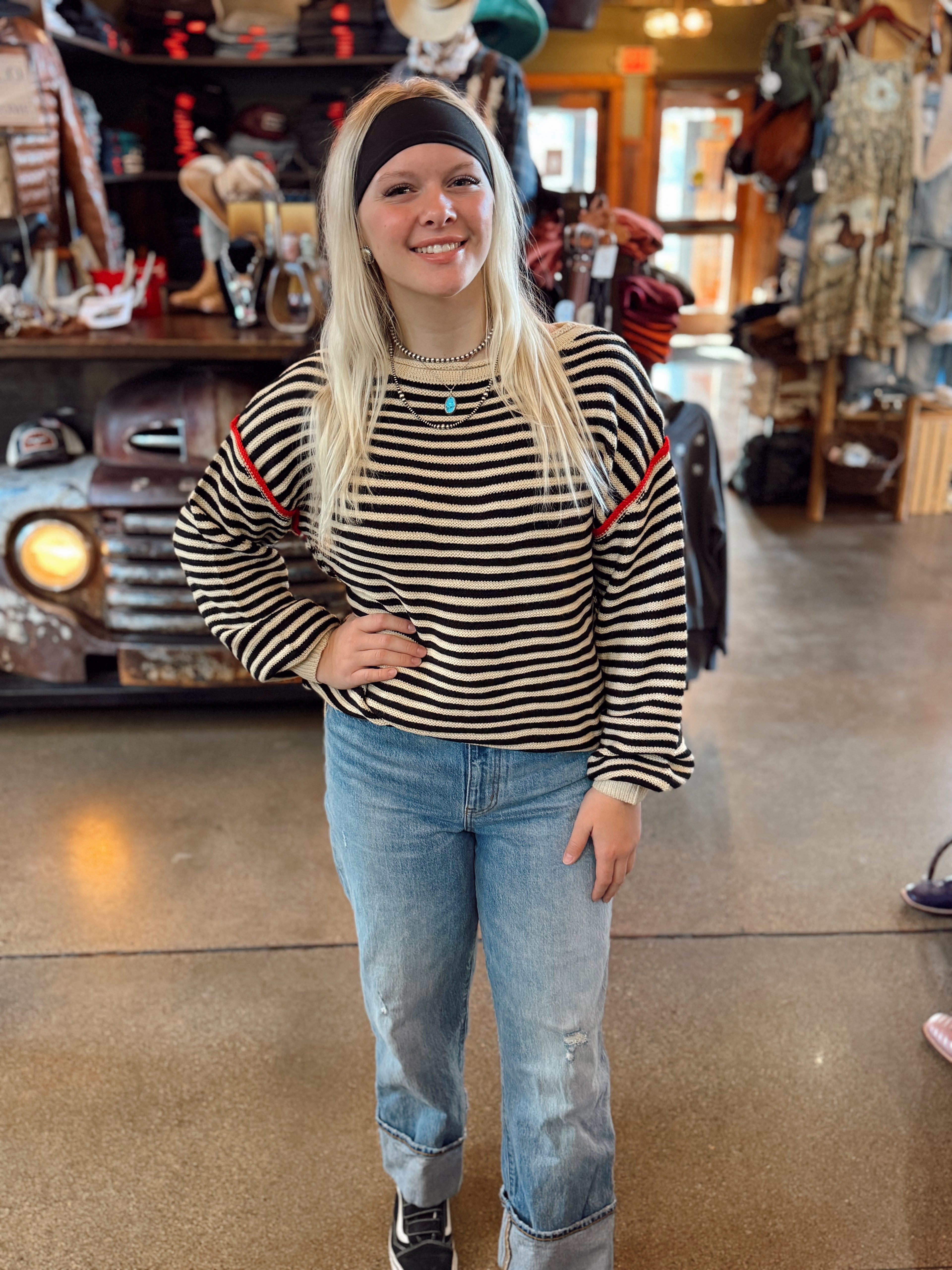 STRIPED TEXTURED BOATNECK PULLOVER SWEATER