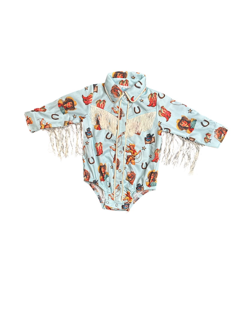 Blue Vintage Cowgirl Fringe Pearl Snap Onesie, 0-2T