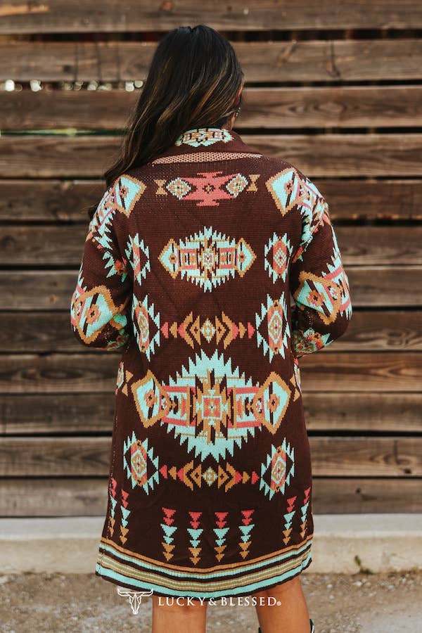 Brown Turquoise Aztec Knitted Cardigan Sweater