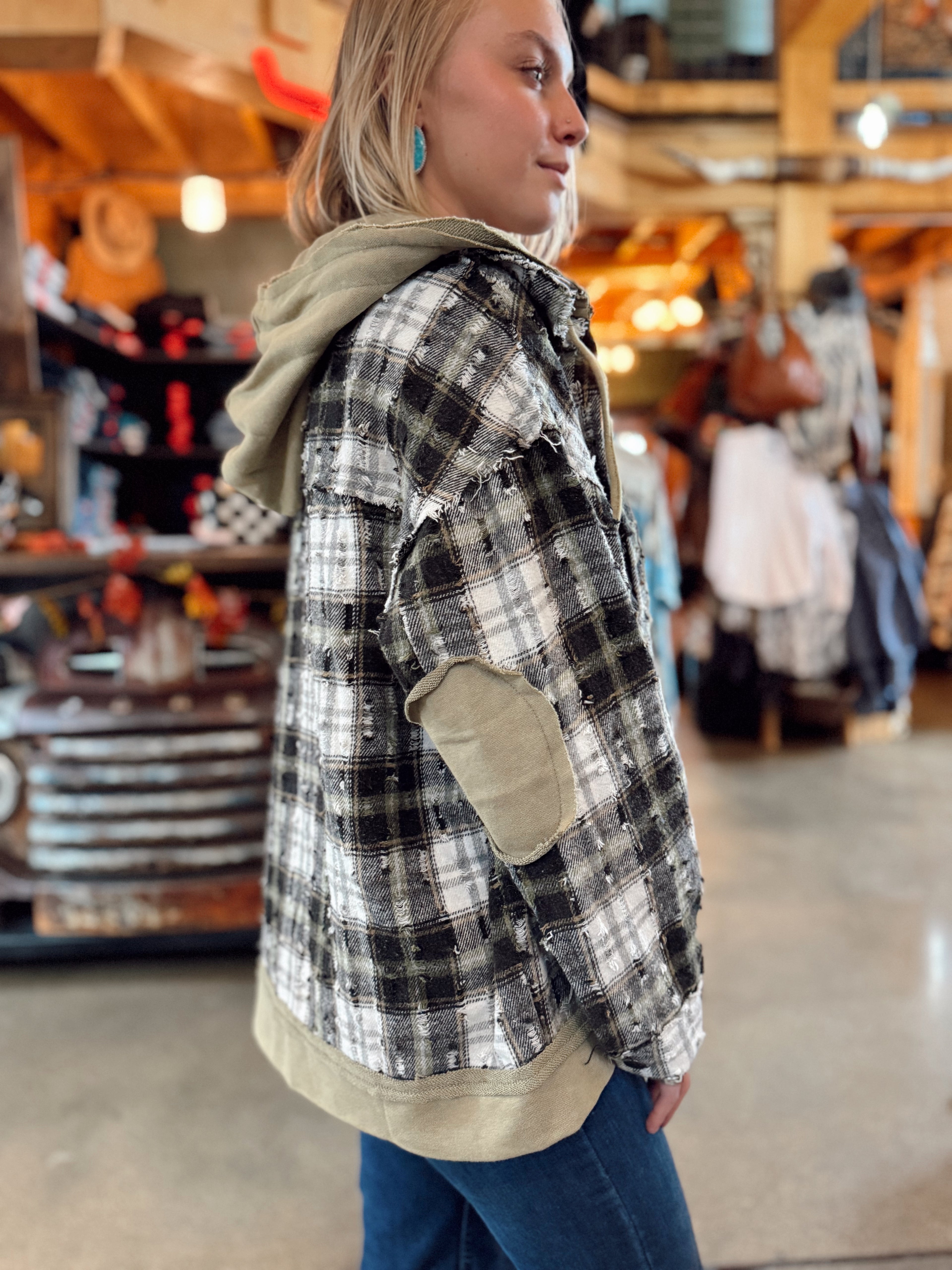 Hooded snap button down plaid chest pocket jacket