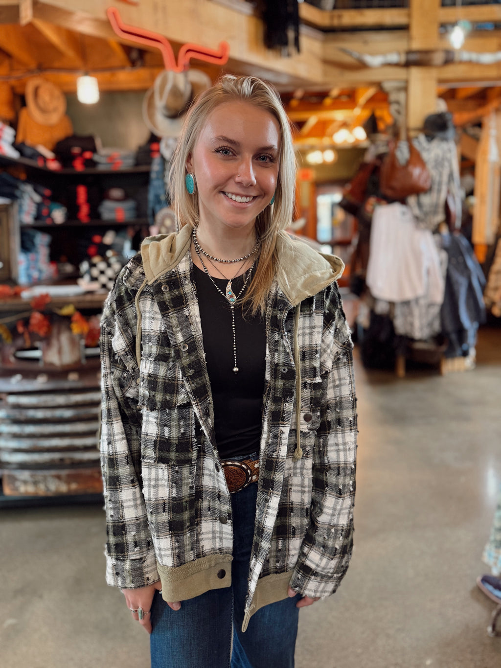 Hooded snap button down plaid chest pocket jacket