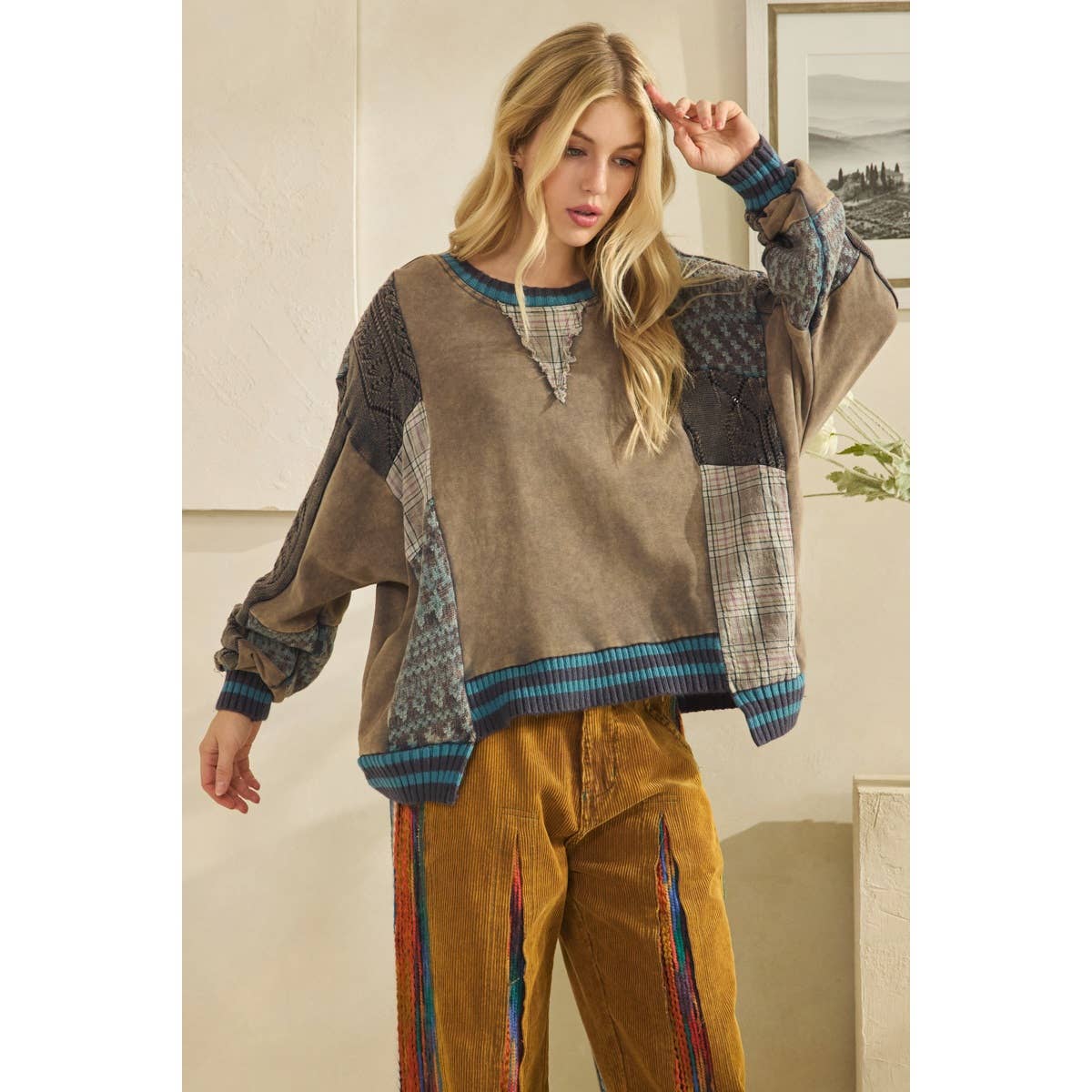 WASHED FABRIC MIX SWEATER TOP