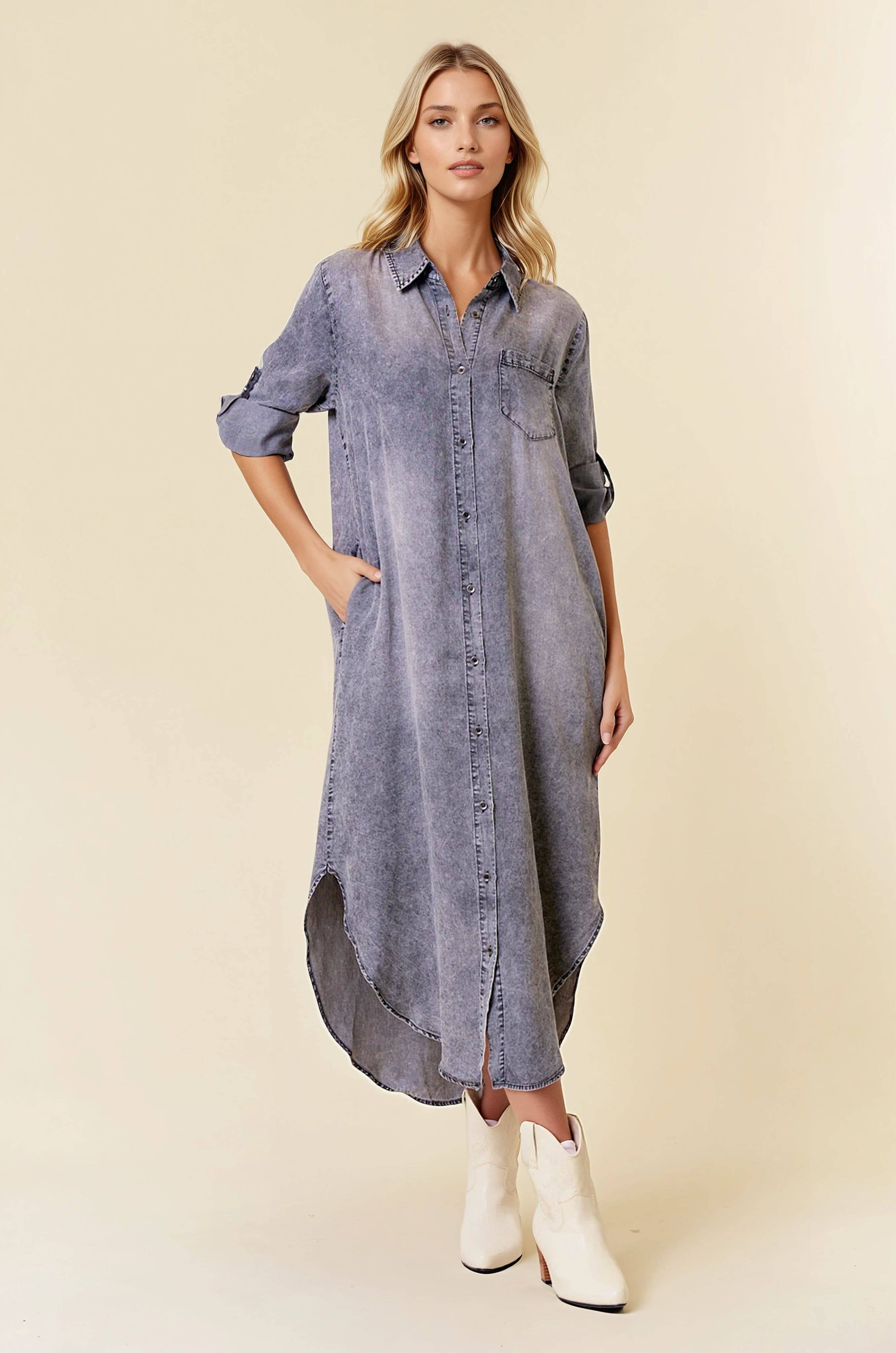 ROLL TAB 3/4 SLEEVE TENCEL DENIM SHIRT MIDI DRESS