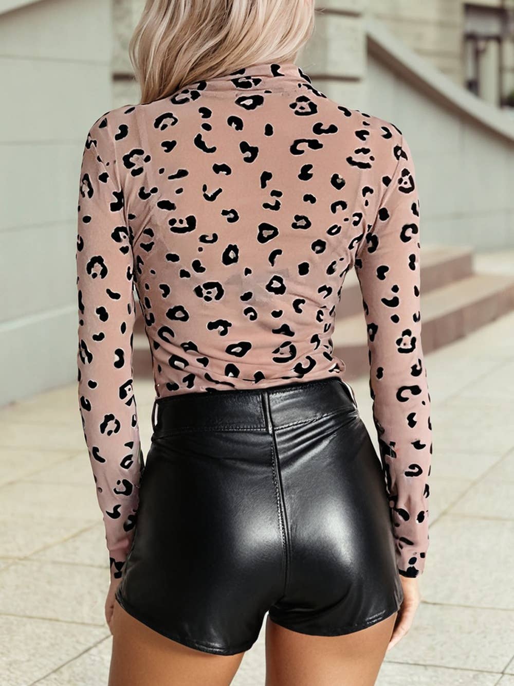 Mock Neck Sheer Mesh Leopard Long Sleeve Bodysuit