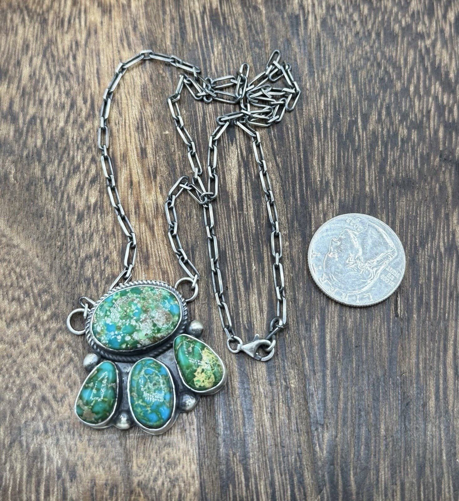 Navajo Handmade Sterling Silver Sonoran Gold Turquoise Cluster Bar Necklace 20”