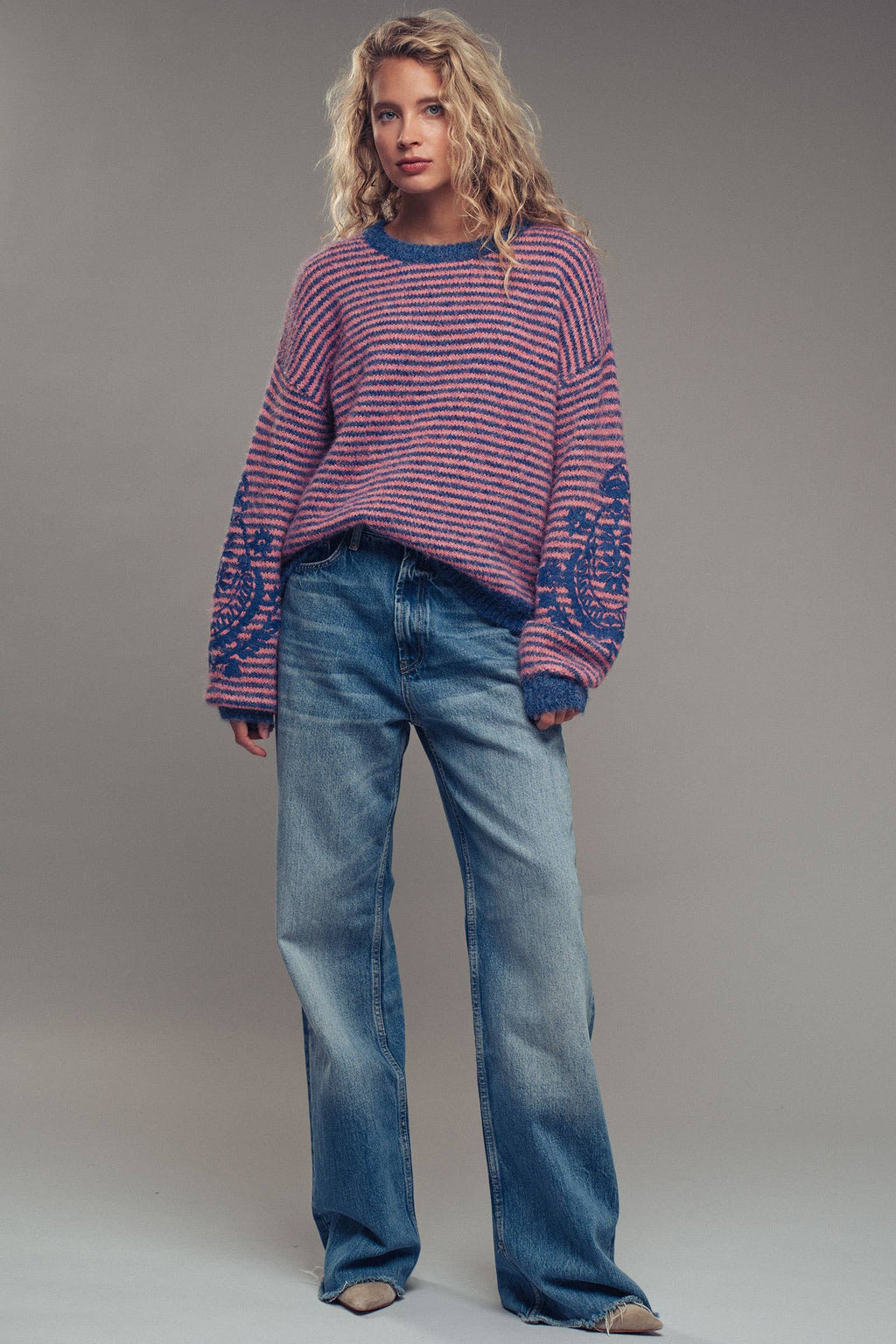 Embroidered Detail Striped Crewneck Sweater