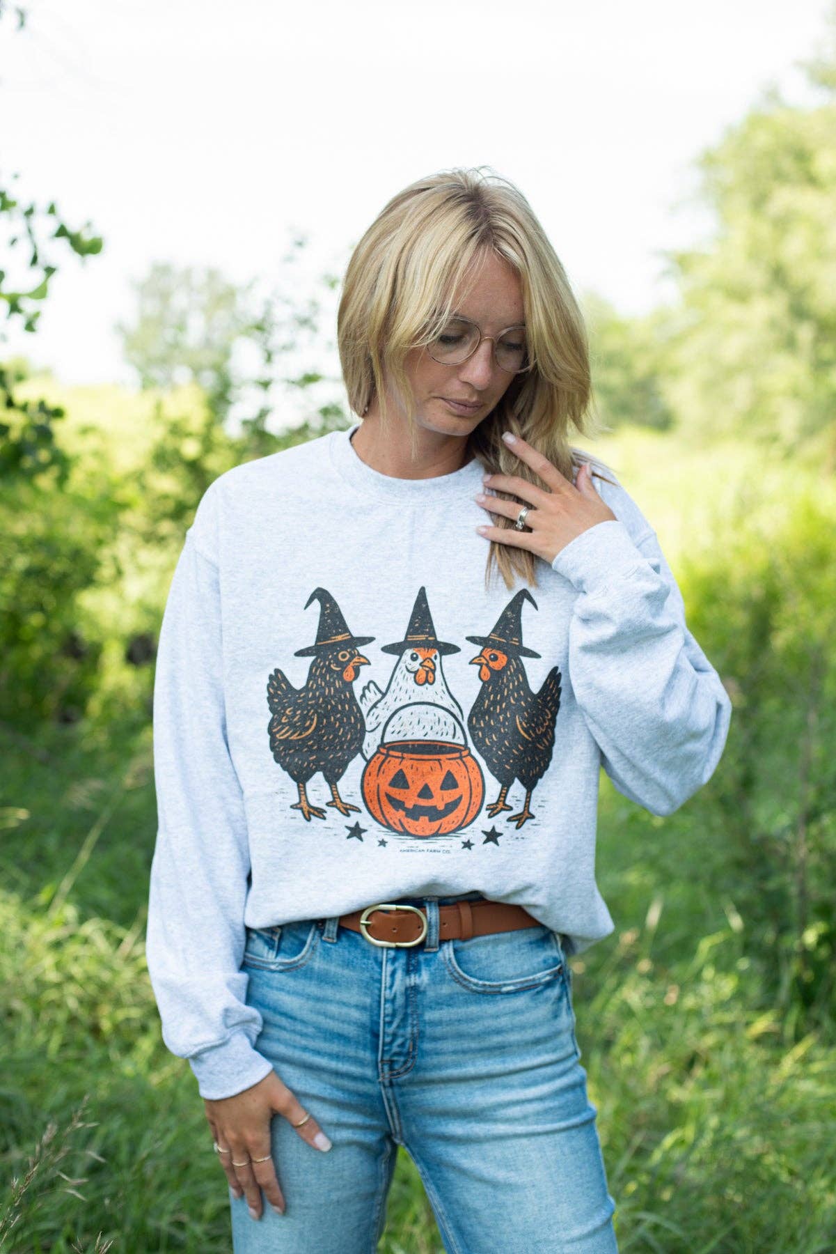 Western Fall Chicken Witches Halloween Graphic Crewneck