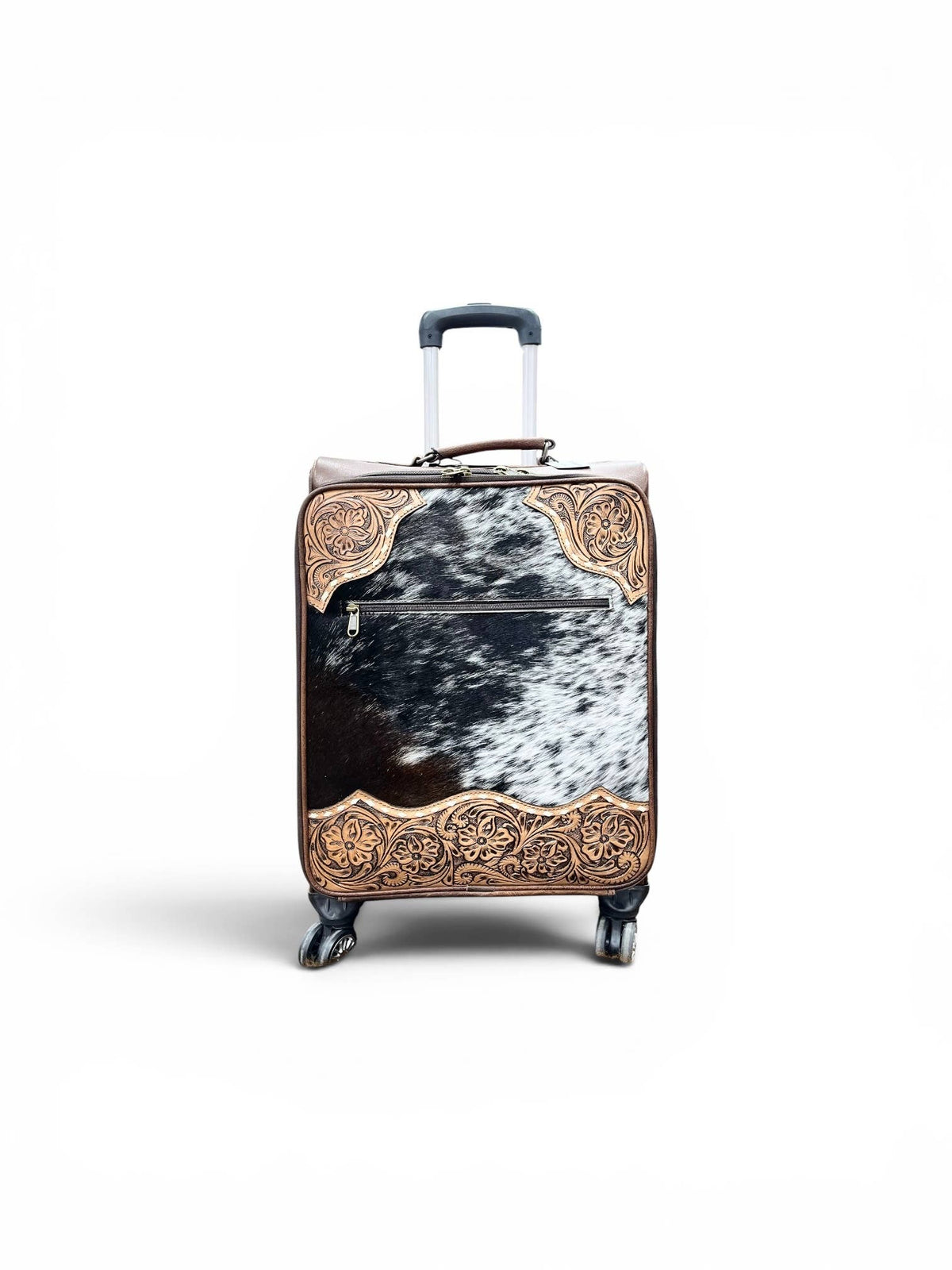 Tan tooled leather & cowhide luggage 