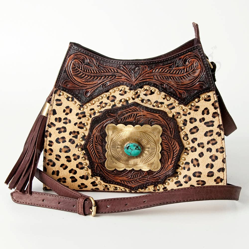 Leopard Print Tooled Leather Bag - Turquoise Concho & Stud Accent