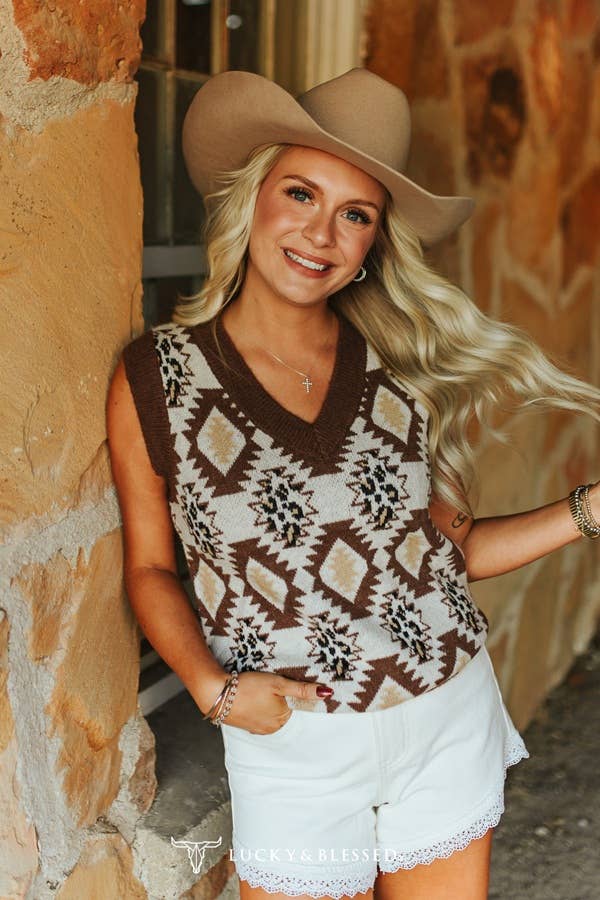 Cream Aztec Leopard Knit V Neck Sleeveless Sweater Top
