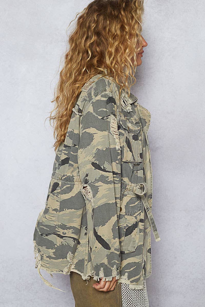 Zipper waist tie camo print jacket with pockets