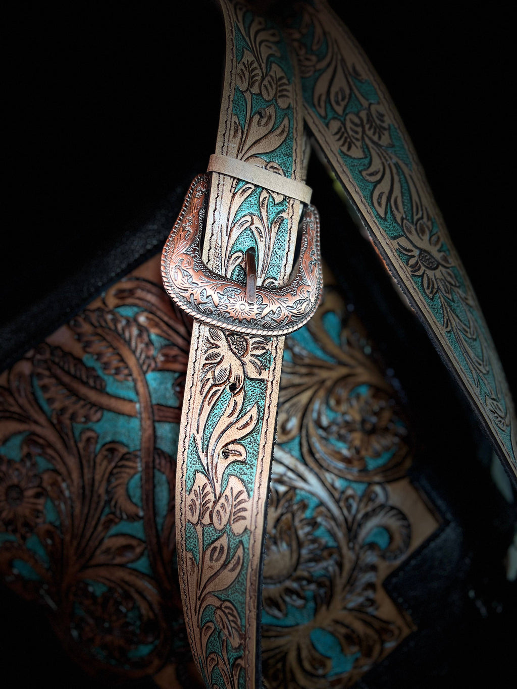 Western Tooled Leather Cowhide Purse - Large Buckle Handbag