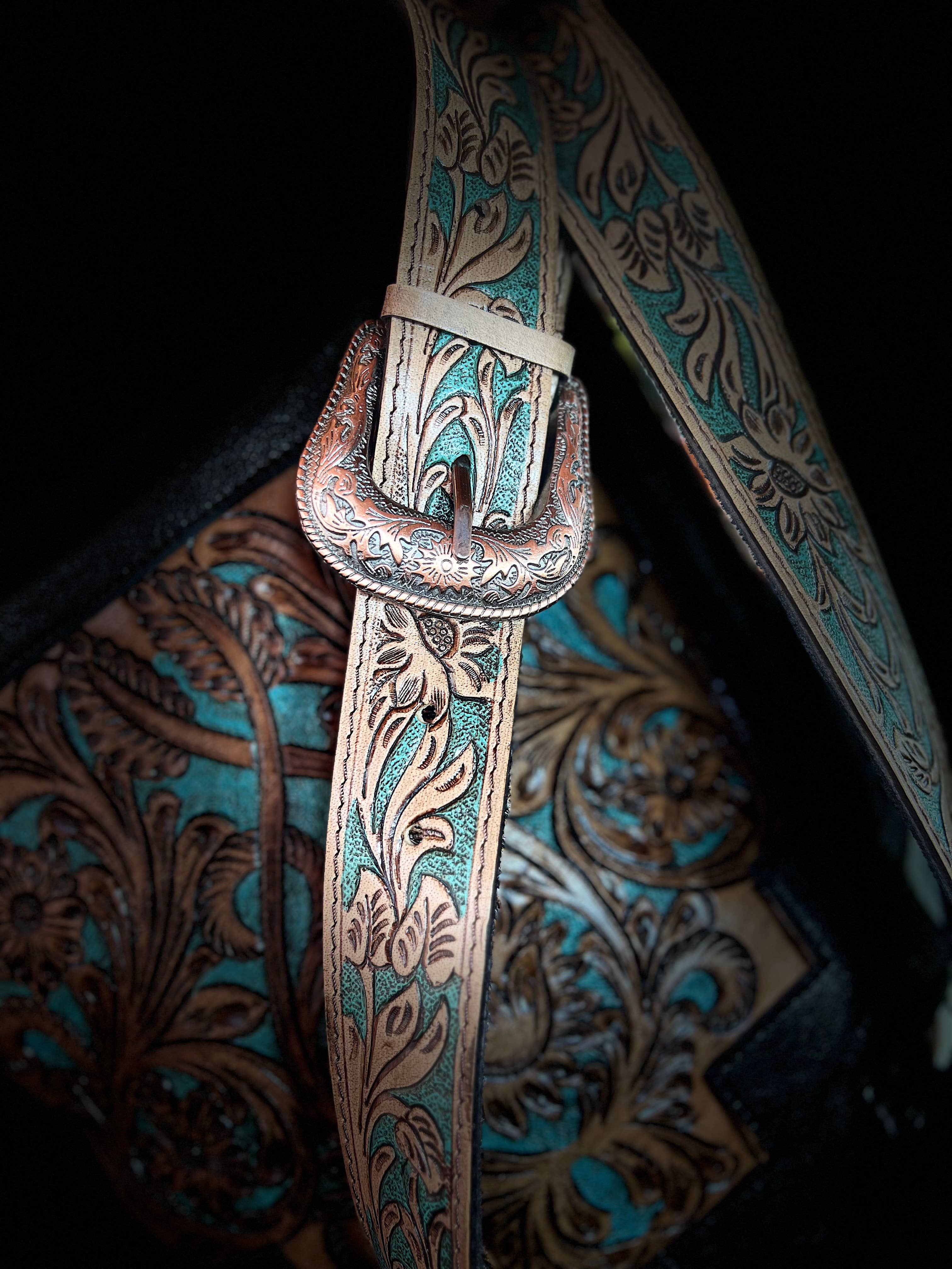 Western Tooled Leather Cowhide Purse - Large Buckle Handbag