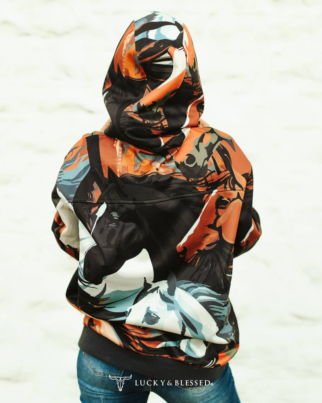 Black Horse Collage Printed Drawstring Hoodie