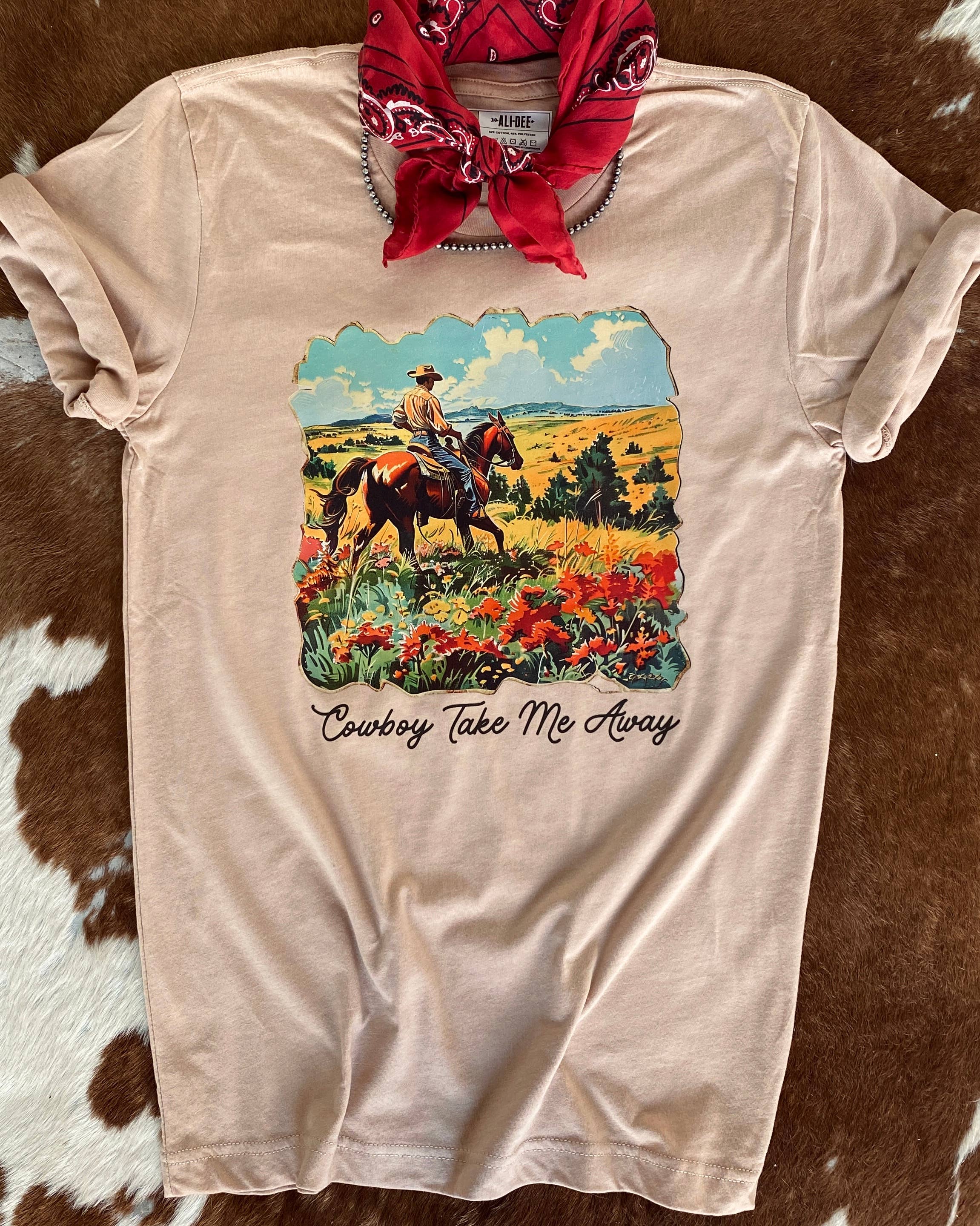 Cowboy Take Me Away Western Graphic T-Shirt - Htr Sand dune