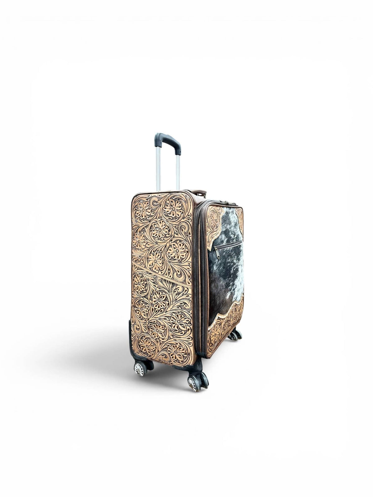 Tan tooled leather & cowhide luggage 