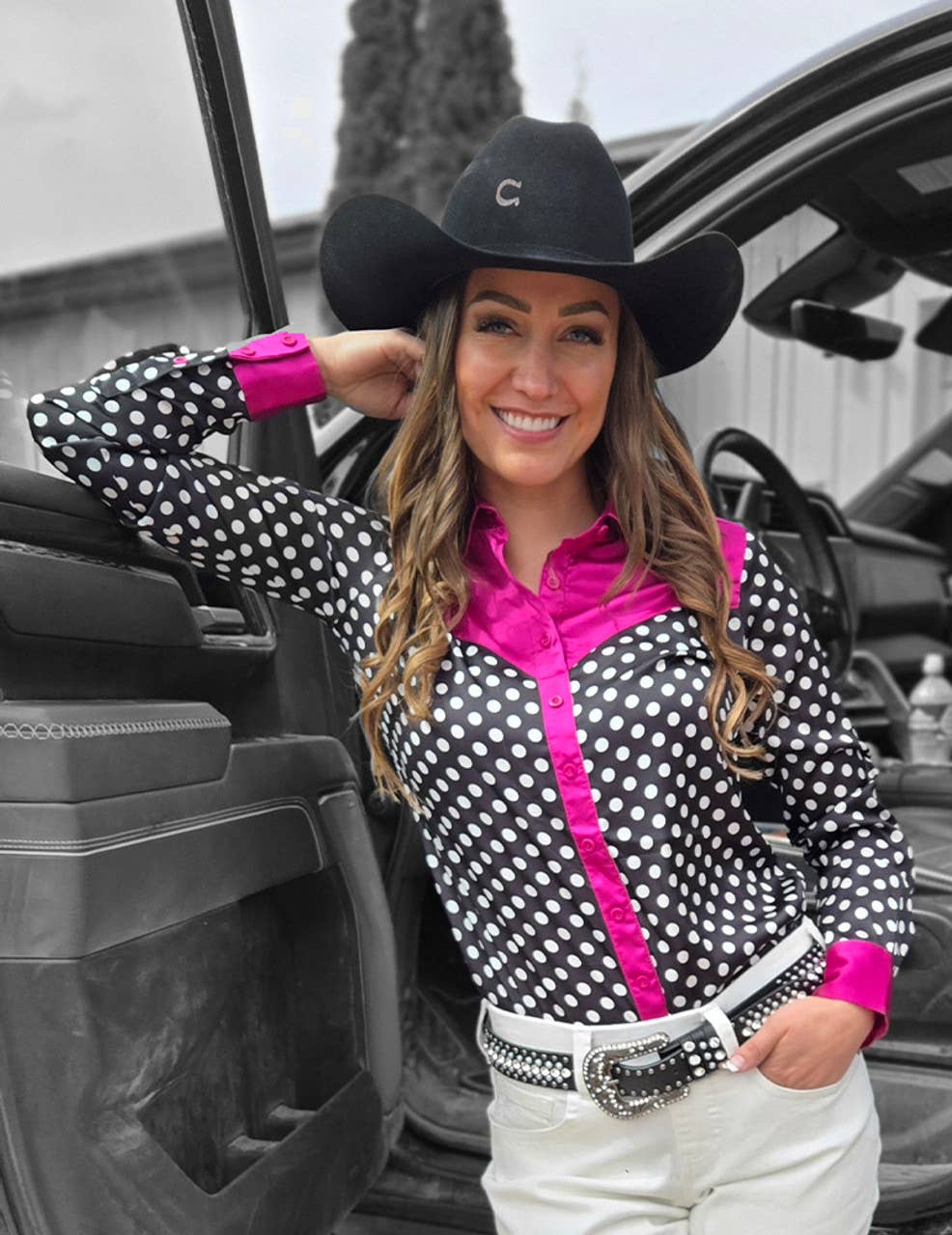 Pullover Button Up Polka Dot with Hot Pink Satin Stretch