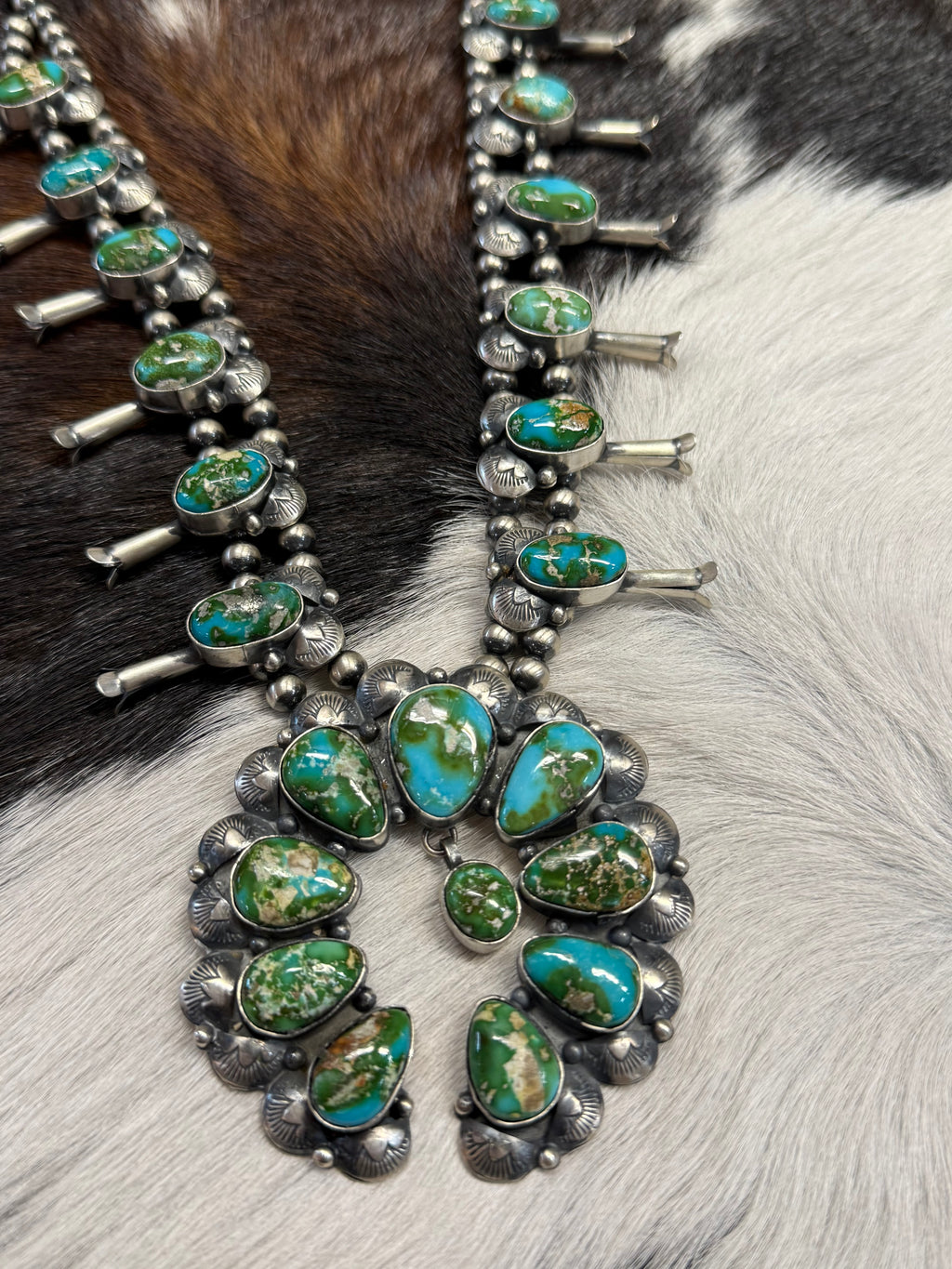 Navajo Sterling Silver and Turquoise Squash Blossom Necklace