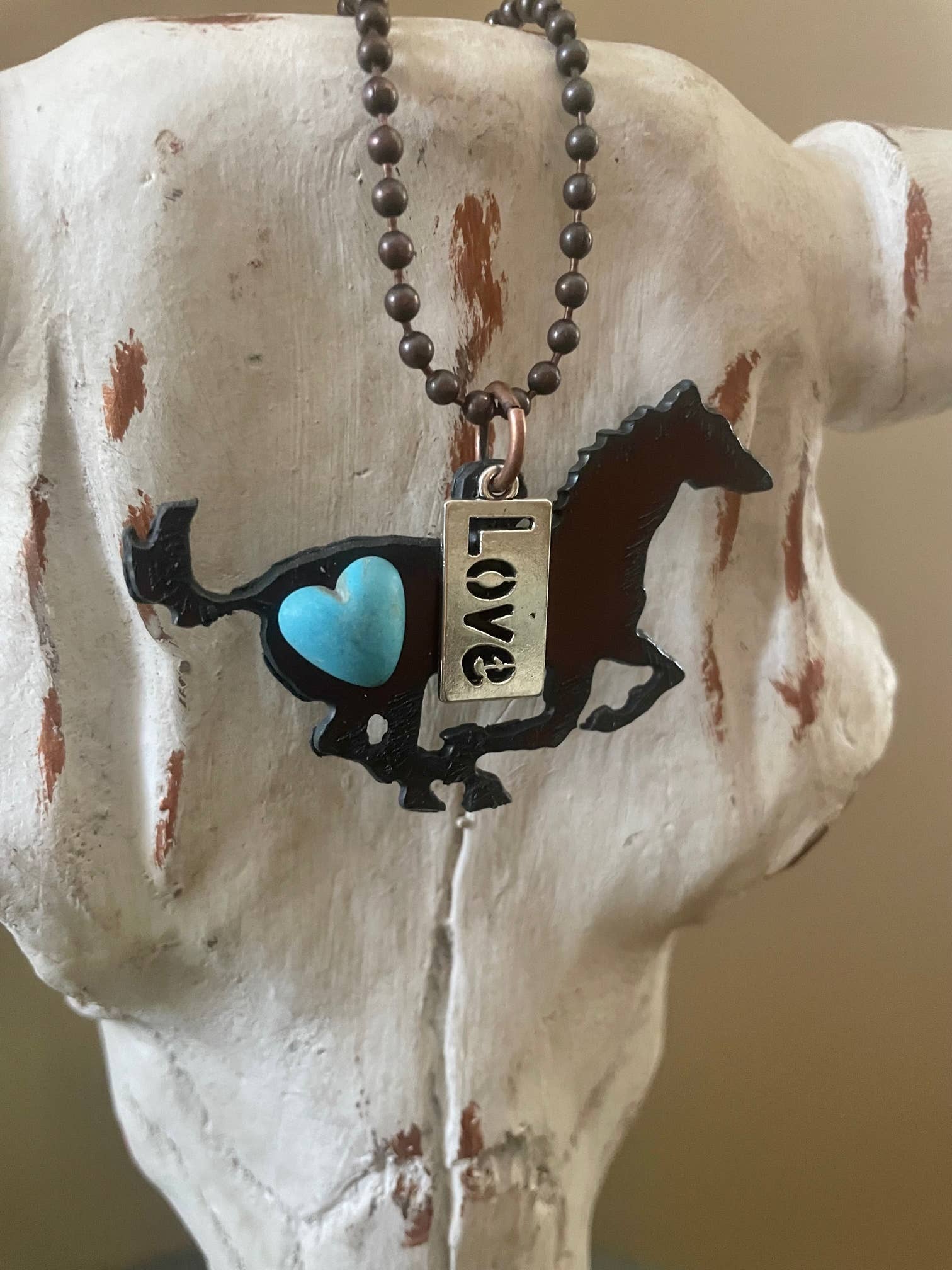 Rustic HORSE Necklace with Love tag Charm and turq heart cab