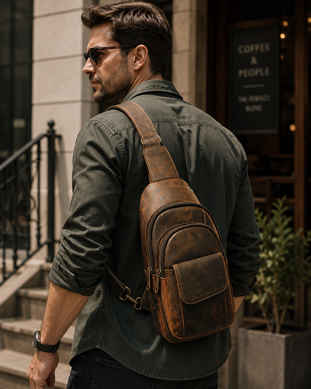 13"Inch Compact Leather Sling Backpack | Crossbody Bag
