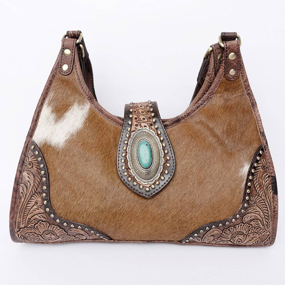 Tooled Leather Hair-On Hobo Bag with Turquoise Concho - Western Shoulder Purse