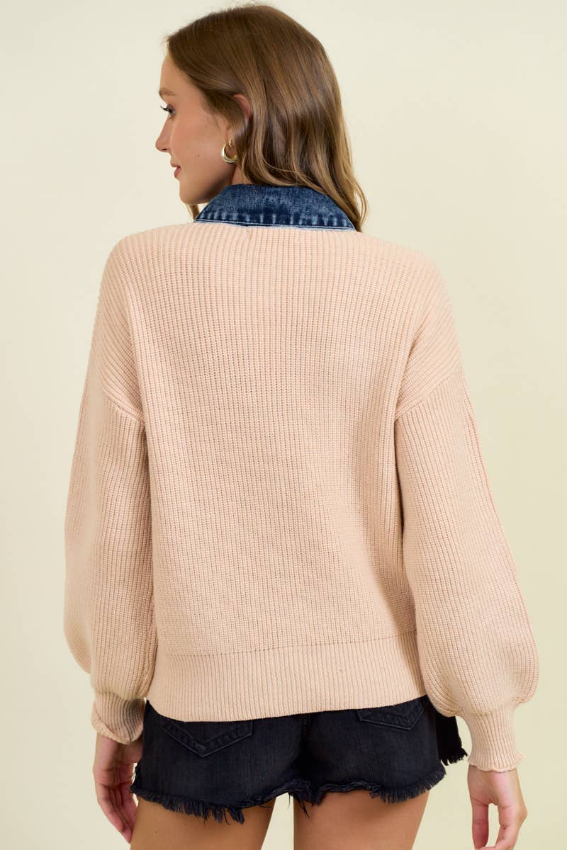 DENIM CONTRAST SWEATER RIB CARDIGAN