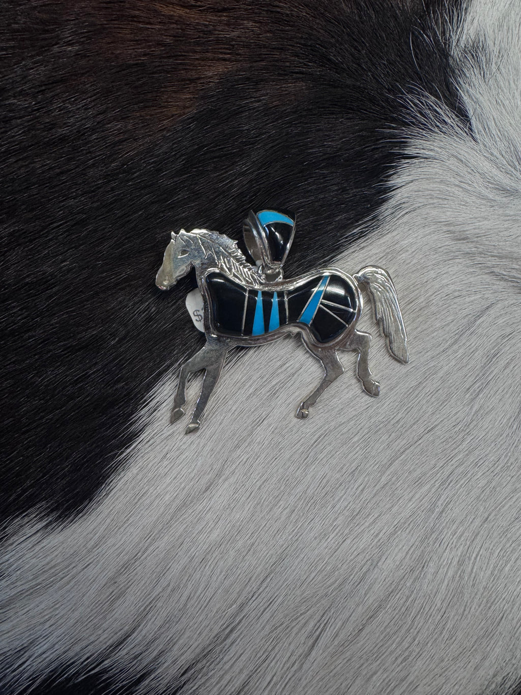 Black Onyx Turquoise Inlay Horse Pendant