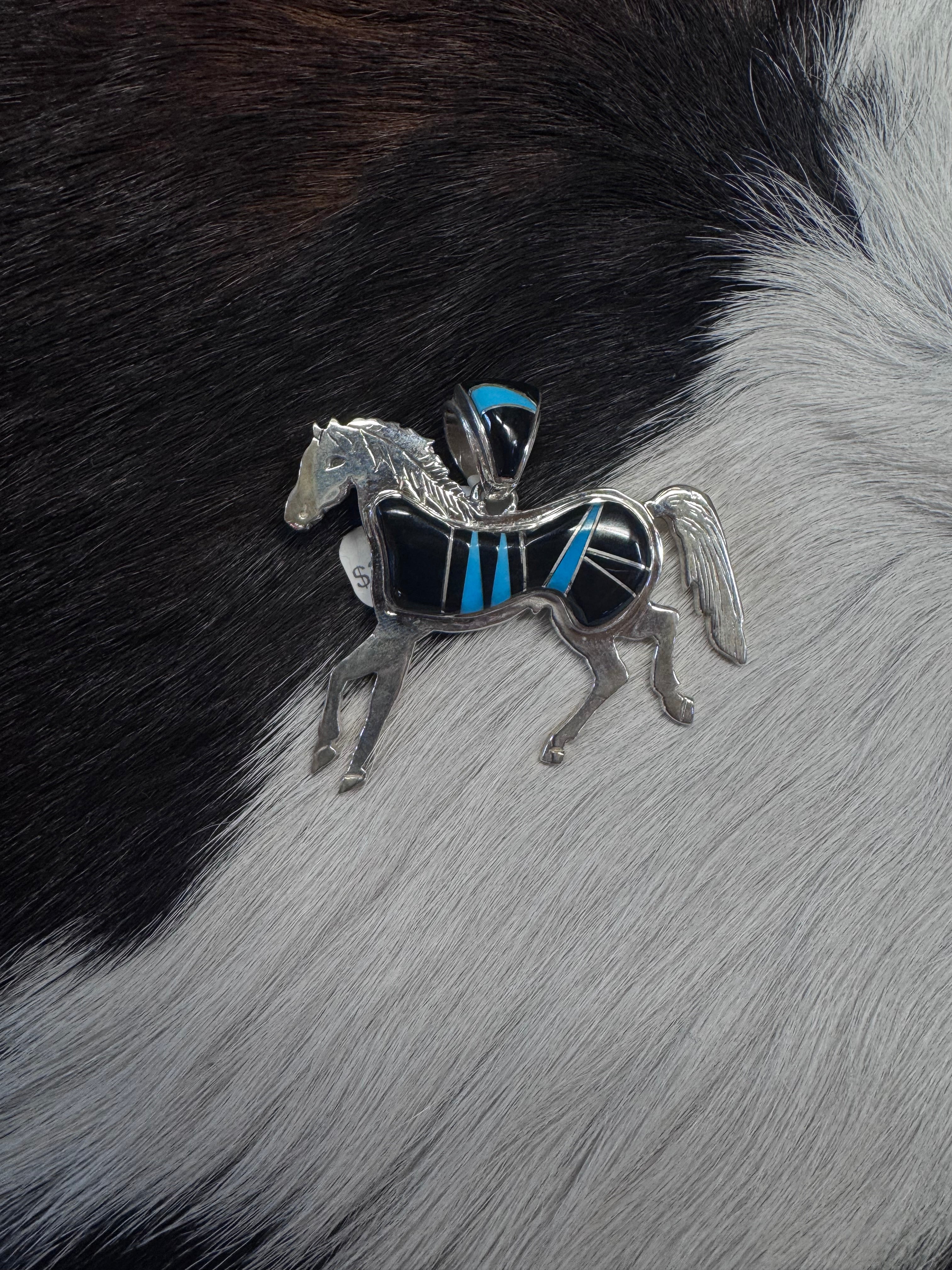 Black Onyx Turquoise Inlay Horse Pendant