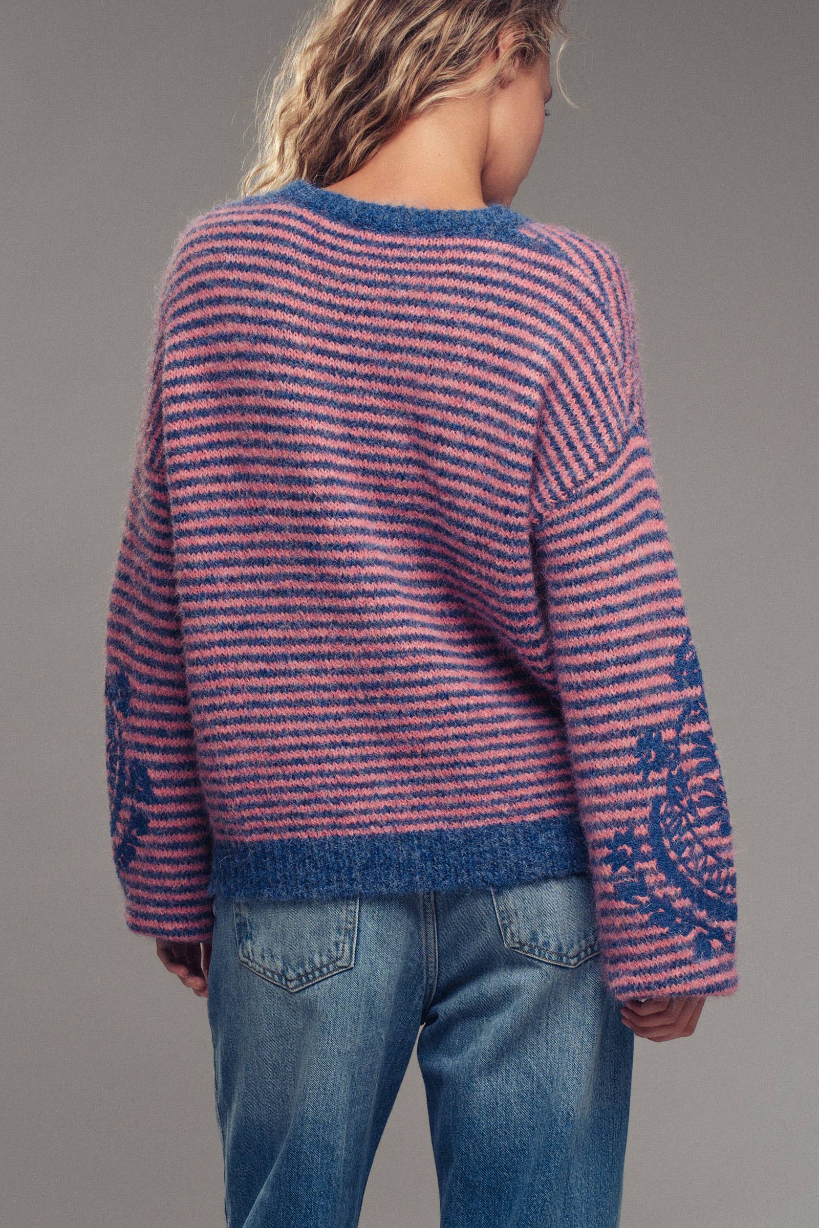 Embroidered Detail Striped Crewneck Sweater