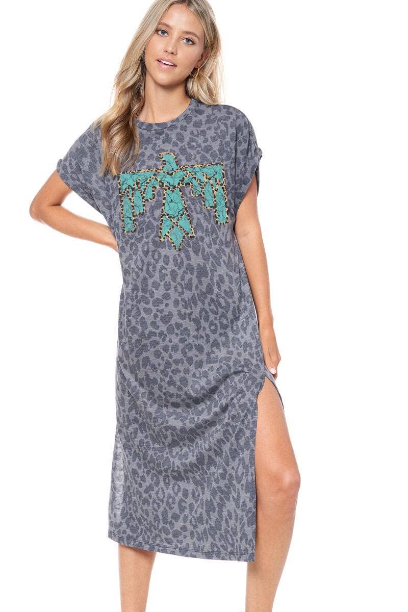 Turquoise Aztec Thunder Bird Graphic Leopard Maxi Dress