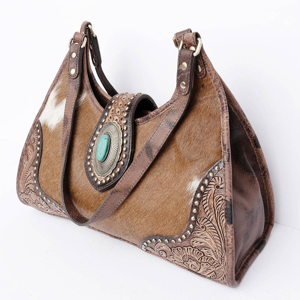 Tooled Leather Hair-On Hobo Bag with Turquoise Concho - Western Shoulder Purse