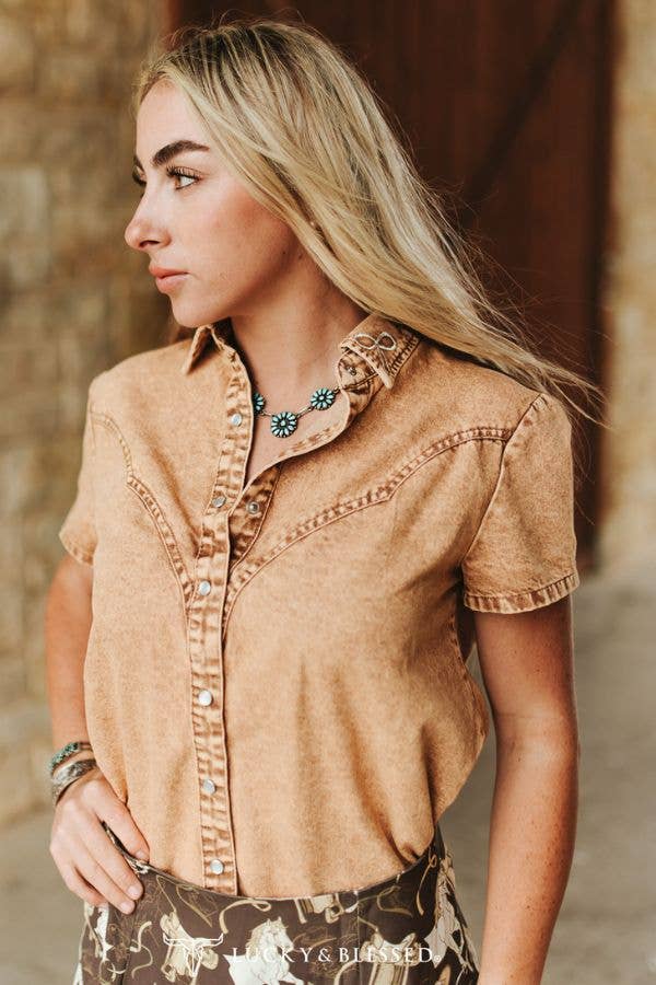 Camel Stretch Denim Pearl Cowgirl and Bow Embroidered Shirt