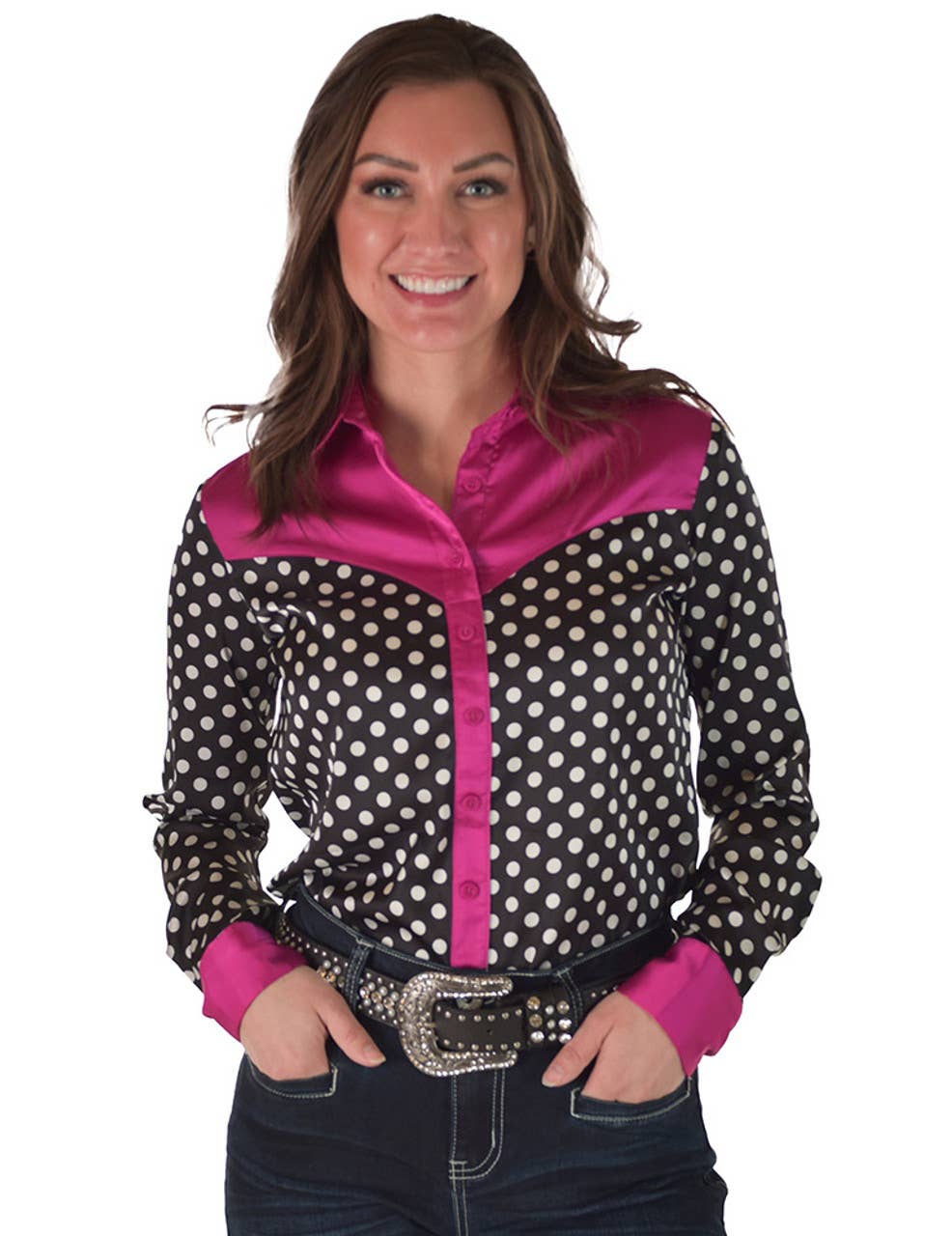 Pullover Button Up Polka Dot with Hot Pink Satin Stretch