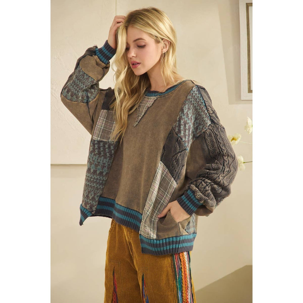 WASHED FABRIC MIX SWEATER TOP