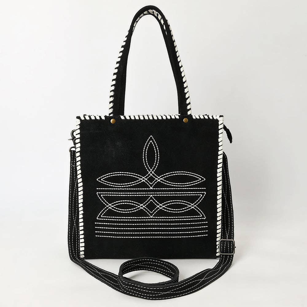 ADBG1590 American Darling Western Genuine Suede Leather Tote Bag with Braided Trim & Detailed Boot Stitching