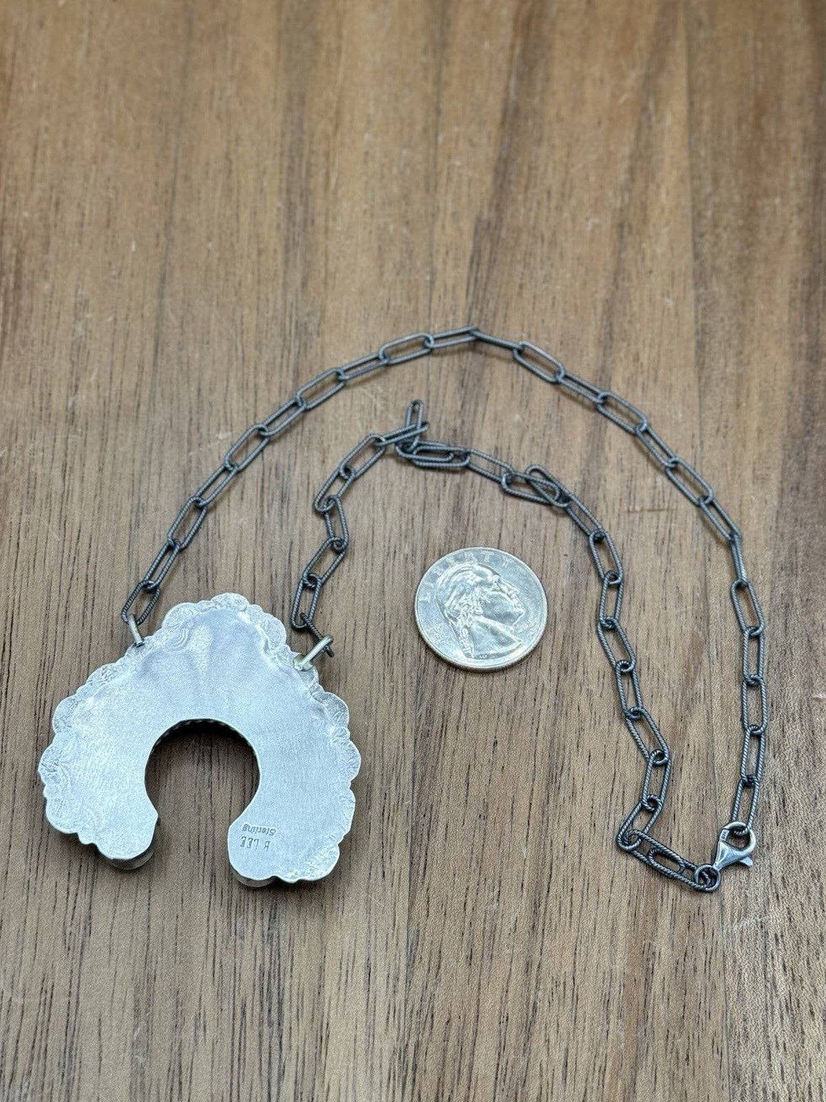 Navajo Handmade Sterling Silver Kingman Turquoise Stamped Naja Bar Necklace 18”