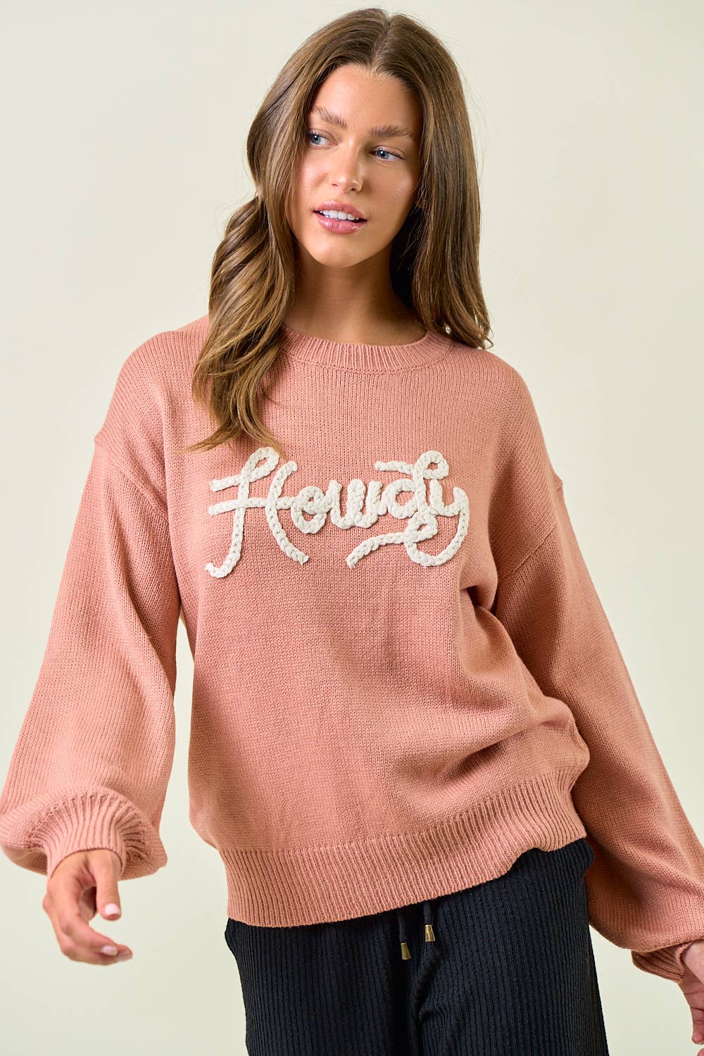 HOWDY' EMBROIDERED ROUND NECK OVERSIZED SWEATER -43995T-4
