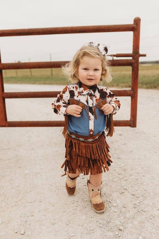 Brown Cowprint Fringe LS Pearl Snap Onesie, Size 0-2T