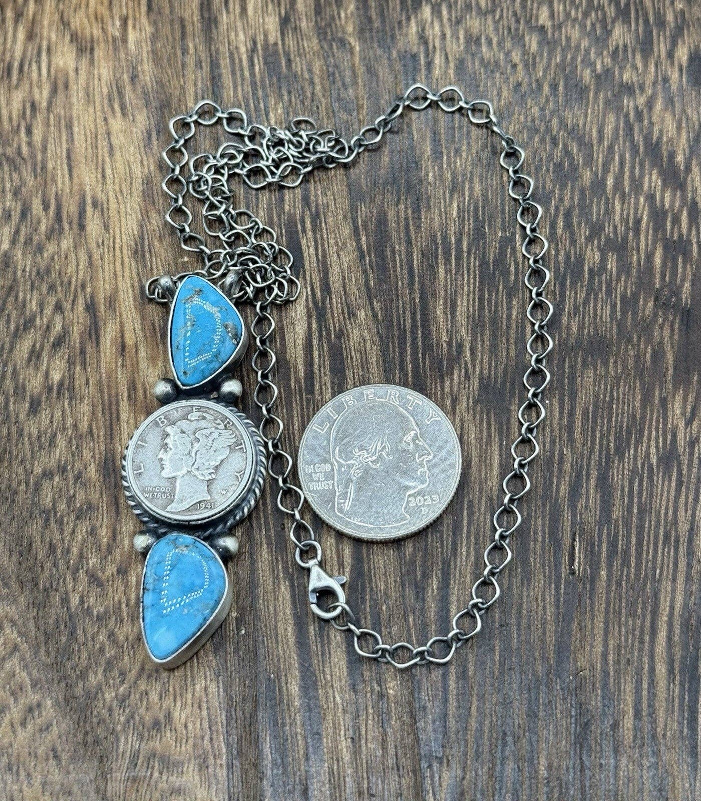 Navajo Handmade Silver Kingman Turquoise Liberty Dime Cluster Bar Necklace 18”