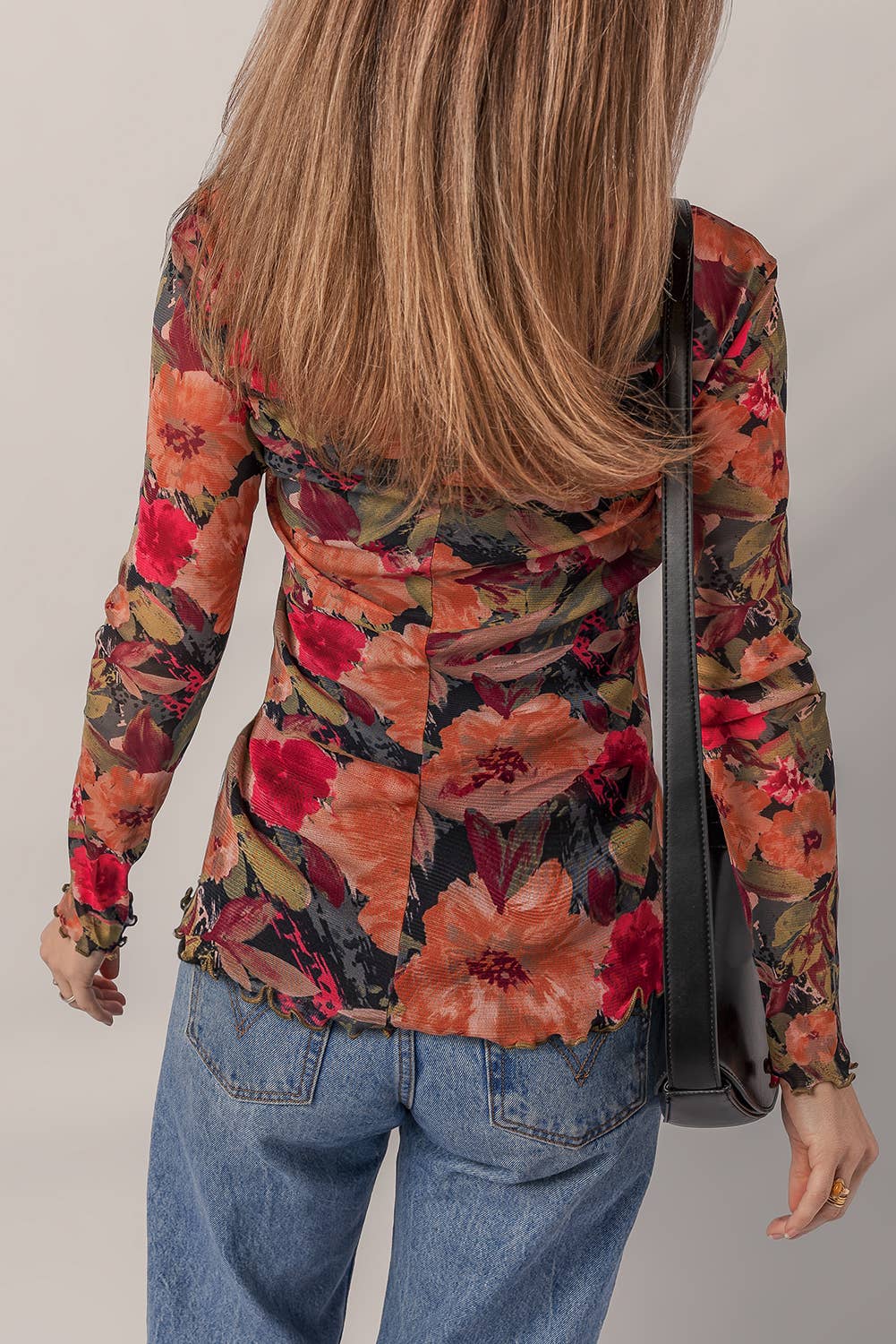 Floral Print Lettuce Trim Long Sleeve Mesh Top