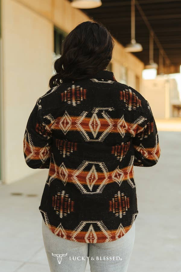 Black Orange Beige Aztec Button Down Shacket