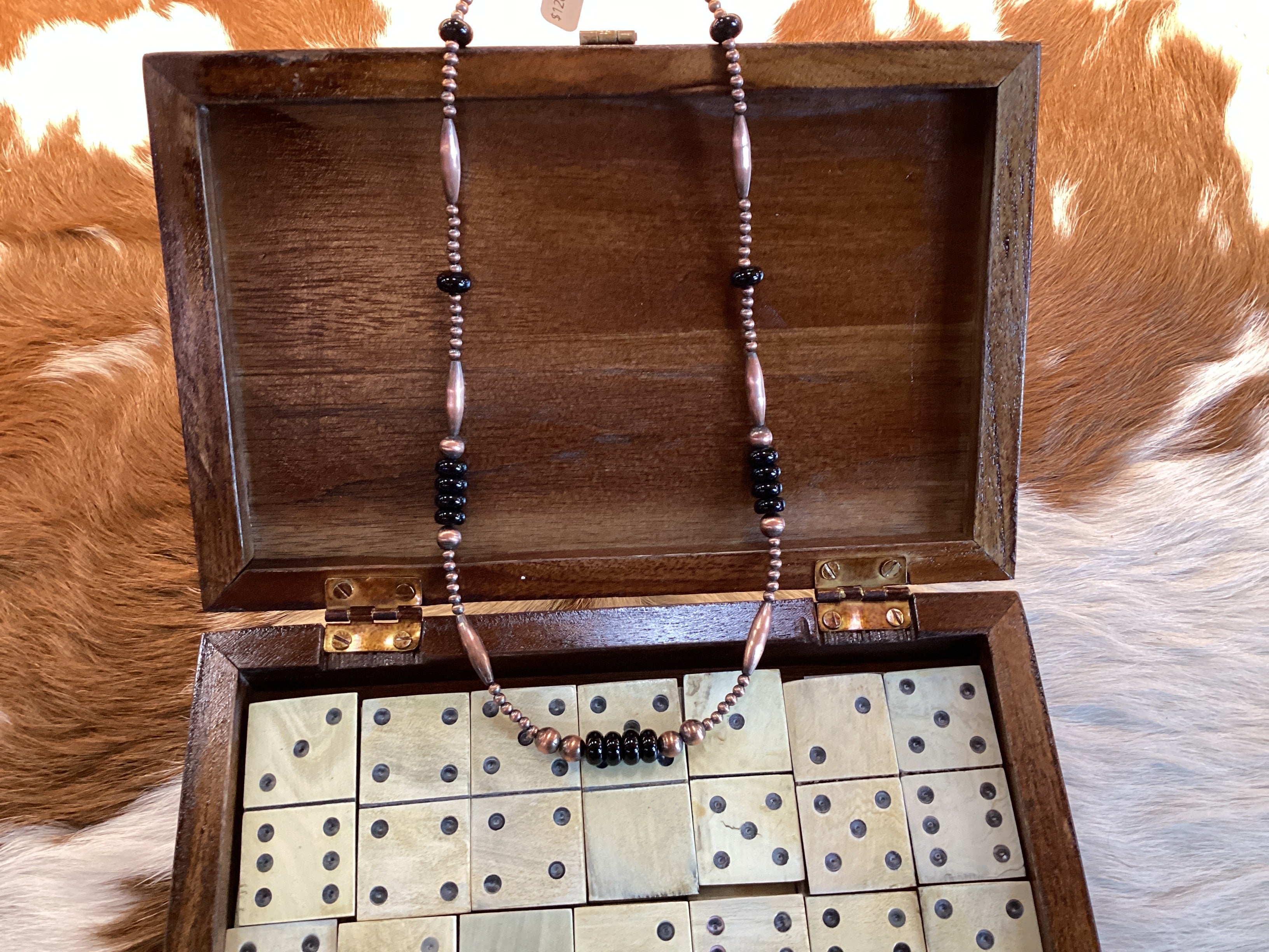 Copper Elongated Pearl & Black Necklace 20"
